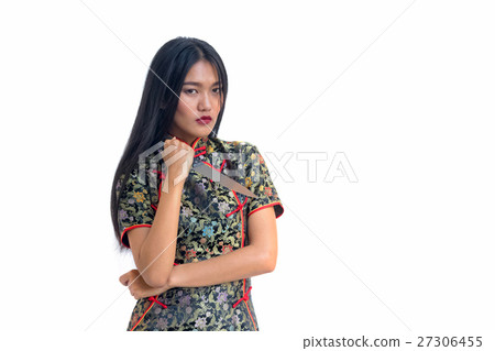 Asian long hair woman holding knife on white 27306455