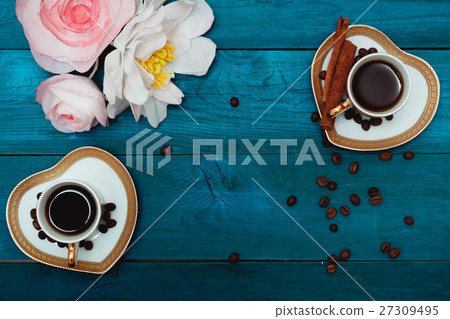 cup black coffee and flowers 27309495