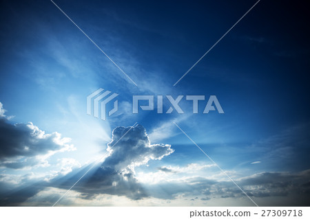 Beautiful blue sky with cloud and rays of sun. 27309718