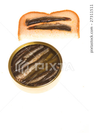 open can and sandwich sprats sackcloth background 27311511
