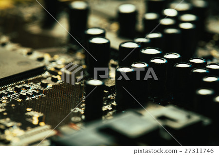 Computer motherboard closeup yellow gray color 27311746