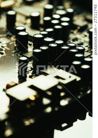 Computer motherboard closeup yellow gray color Computer motherboard closeup yellow gray color 27311748