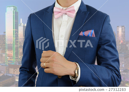 man in blue suit bowtie, pocket square 27312283