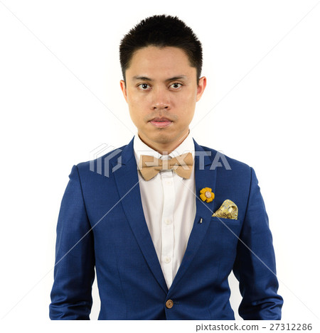 asian man in blue suit bowtie, brooch 27312286