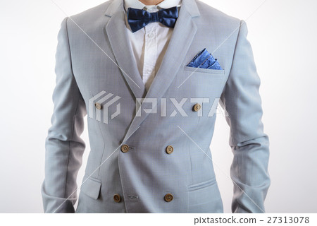 grey suit plaid texture, bowtie, pocket square 27313078