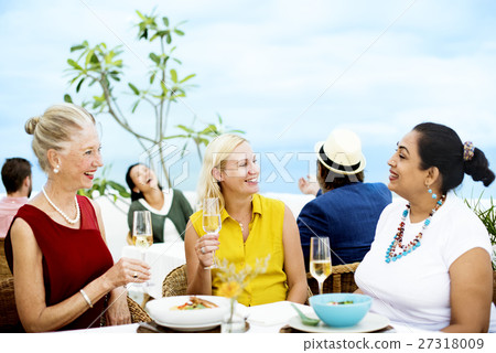 Mature Friends Fine Dining Outdoors Concept 27318009