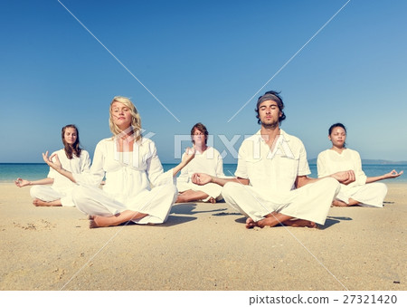 Beach Yoga Balance Calm Relaxing Exercise Concept Beach Yoga Balance Calm Relaxing Exercise Concept 27321420