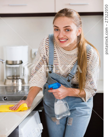Portrait of positive smiling housewife cleaning with supplies 27322050
