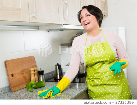 Positive housewife polishing kitchen surfaces 27325399