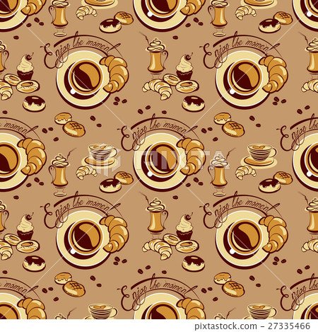 Seamless pattern with coffee cups, beans, cakes, - Stock Illustration ...