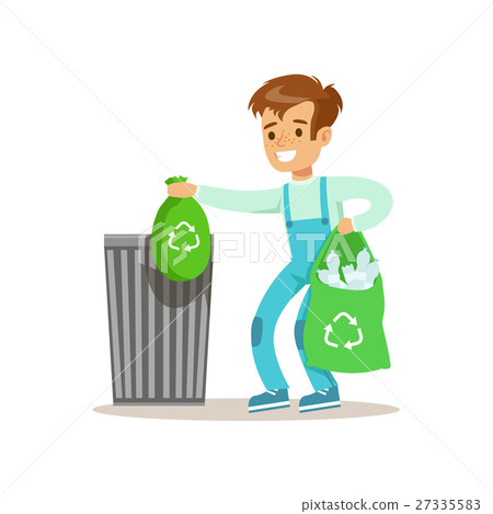 Boy Throwng Away Bin Bags Filled With Plastic 27335583