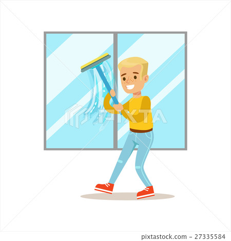Boy Washing Windows With Squeegee Smiling Cartoon Boy Washing Windows With Squeegee Smiling Cartoon 27335584