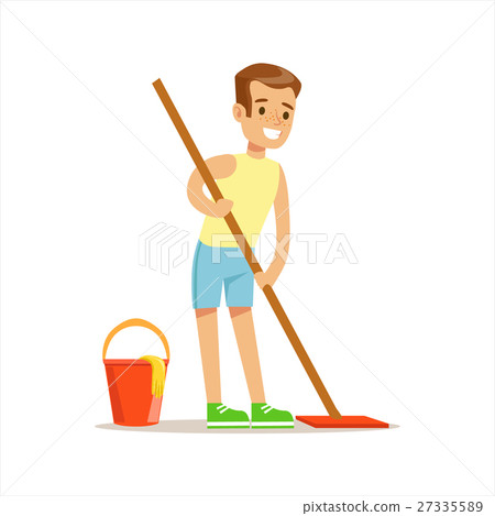 圖庫插圖: boy cleaning floor with the mop smiling cartoon