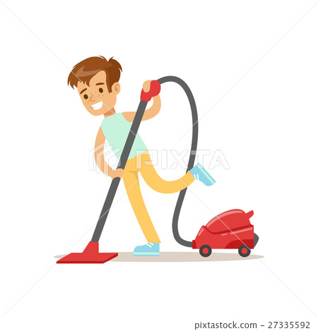 Boy Cleaning The Floor With Vacuum Cleaner Smiling - Stock Illustration ...