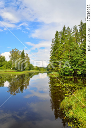 Blue sky, clouds and forest reflected Blue sky, clouds and forest reflected 27336911