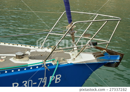 Metal anchor on the bow of the yacht Metal anchor on the bow of the yacht 27337282