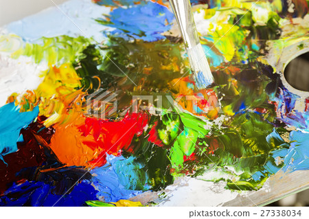 Various art oil paints on a wooden palette Various art oil paints on a wooden palette 27338034