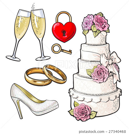 Wedding icons - cake, rings, glasses of champagne 27340468