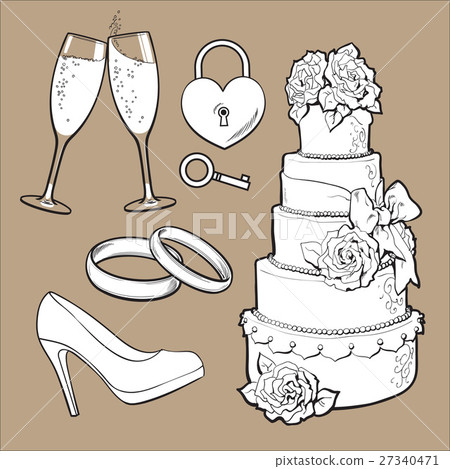 Wedding icons - cake, rings, glasses of champagne Wedding icons - cake, rings, glasses of champagne 27340471