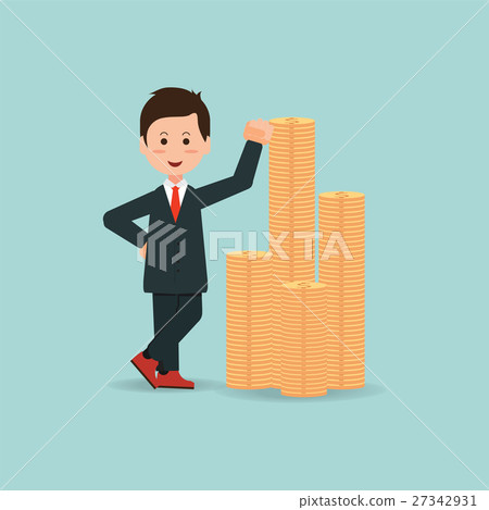 businessman standing  near a pile of gold coins. 27342931