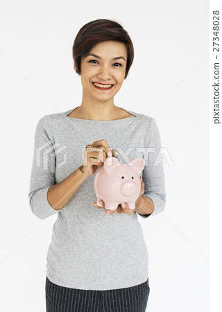Asian Woman Smiling Happiness Piggy Bank Concept 27348028