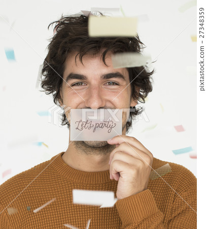 Man Smiling Happiness Let's Party Celebration Placard Concept Man Smiling Happiness Let's Party Celebration Placard Concept 27348359