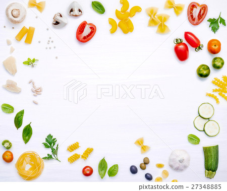 Various kind of pasta with ingredients . 27348885