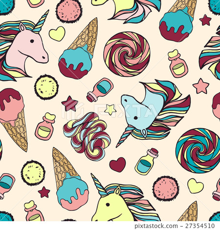 Seamless pattern with unicorns and magic items. Seamless pattern with unicorns and magic items. 27354510