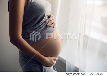 young pregnant girl in a gray t-shirt and pants young pregnant girl in a gray t-shirt and pants 27359365