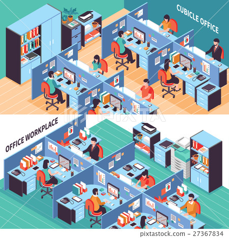 People In Office Cubicles Isometric Banners People In Office Cubicles Isometric Banners 27367834