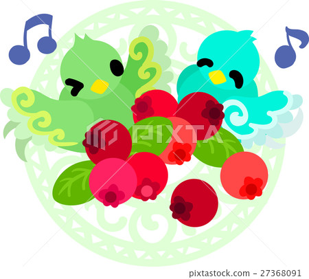 Cute little birds with marvelous patterns and red fruits 27368091