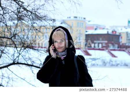 Girl in Winter Street talk Phone snow 27374488
