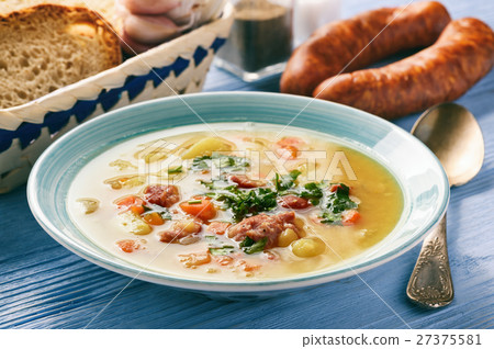 Pea soup with smoked sausage. Pea soup with smoked sausage. 27375581