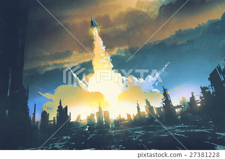 rocket launch take off from an abandoned city 27381228