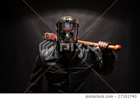 Psycho killer in hockey mask on black background. 27381740
