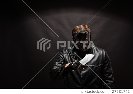 Bloody murderer in hockey mask with meat cleaver Bloody murderer in hockey mask with meat cleaver 27381741