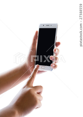 Hand play on mobile touch screen on white isolate Hand play on mobile touch screen on white isolate 27388559