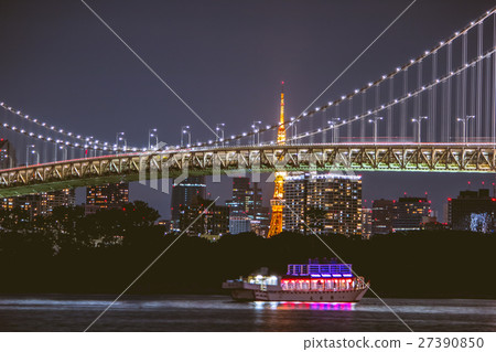 Night view Rainbow Bridge and Tokyo tower. 27390850