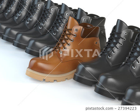 One unique brown boot in the row of black boots One unique brown boot in the row of black boots 27394223