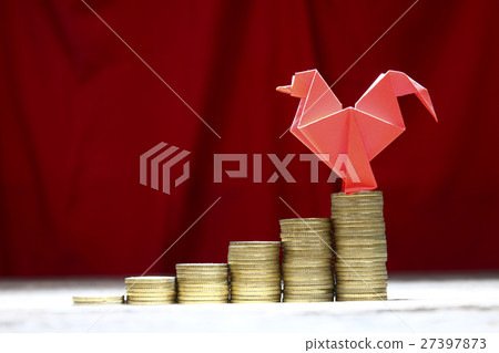 Stacked coins with origami chicken as prosperity Stacked coins with origami chicken as prosperity 27397873