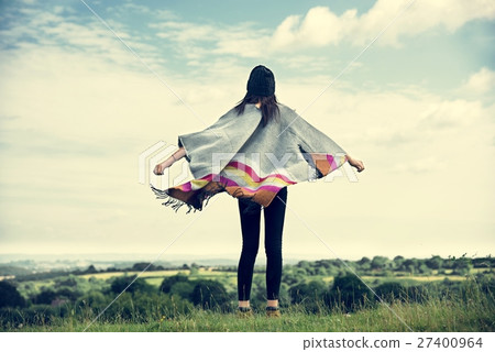 Woman Rear View Top Mountain Carefree Cloudscape Concept 27400964