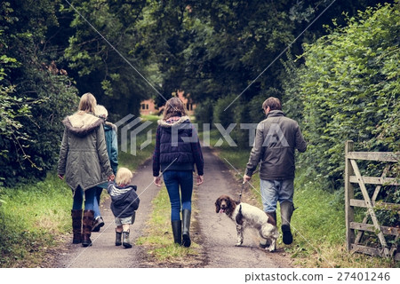 Family Walking Dog Togetherness Nature Concept Family Walking Dog Togetherness Nature Concept 27401246