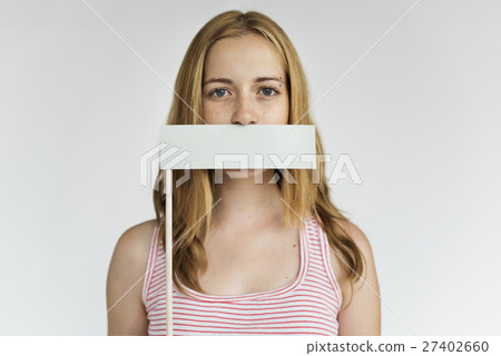Woman Voiceless Covering Mouth Speechless Concept Woman Voiceless Covering Mouth Speechless Concept 27402660