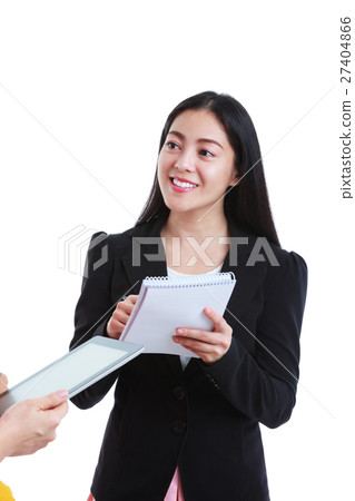 Businesswoman talking with some body, on white Businesswoman talking with some body, on white 27404866