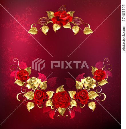 Symmetrical garland of gold and red roses 27405305