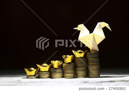 Chicken and gold ingots on stacked coins Chicken and gold ingots on stacked coins 27408862