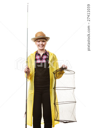 Happy woman holding fishing rod and keepnet 27411039