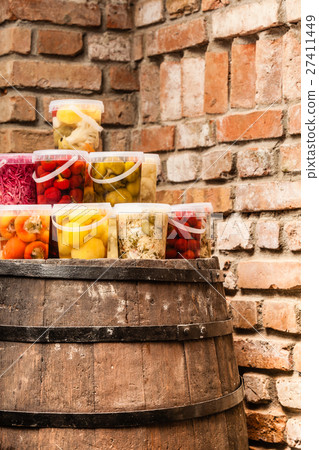 Jars with pickled vegetables in cellar Jars with pickled vegetables in cellar 27411449