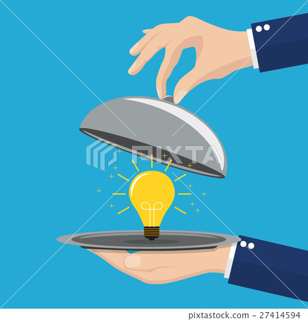 Hands holding platter cloche with yellow bulb. 27414594