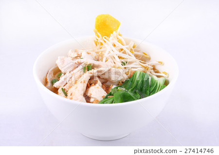 Chicken clear noodle soup with wonton. 27414746